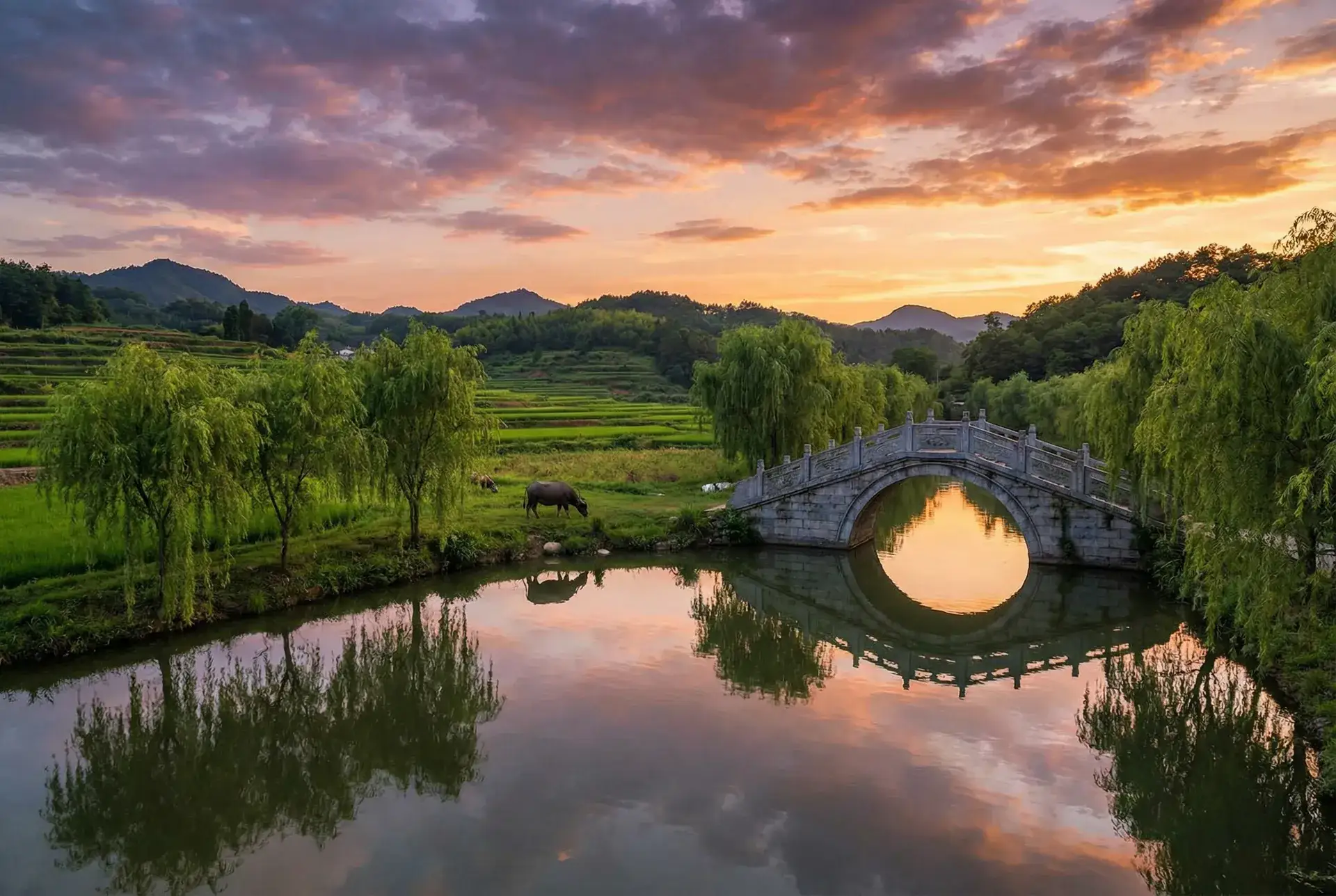 夕阳下的石拱桥与垂柳，水牛在河边吃草 - 中餐厅5在线观看免费 乡村美景